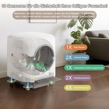 Автоматичний лоток для котів 90л з самоочищенням, контролем запаху, керуванням через додаток та 10 датчиками безпеки. Підходить для кількох котів, білий