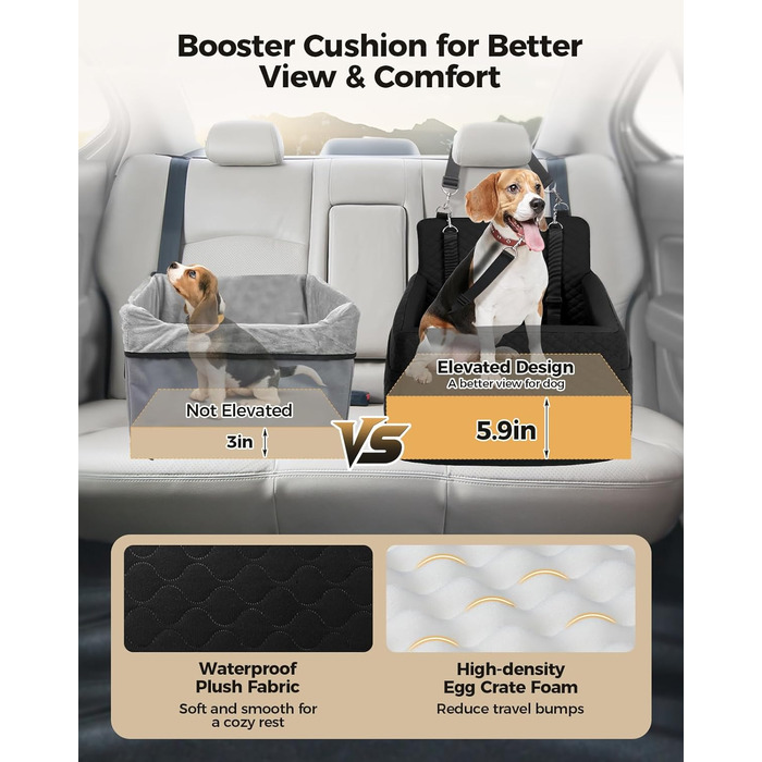 Автокрісло для собак Petcozife: безпечне та зручне автокрісло для собак малого та середнього розміру (до 15 кг), знімний, з товстим килимком та двома страхувальними ременями (чорний)