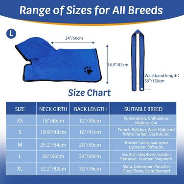 Рушник для собак з капюшоном, вбираючий рушник для сушіння після купання, підходить для собак та котів усіх порід, розмір L (блакитний)