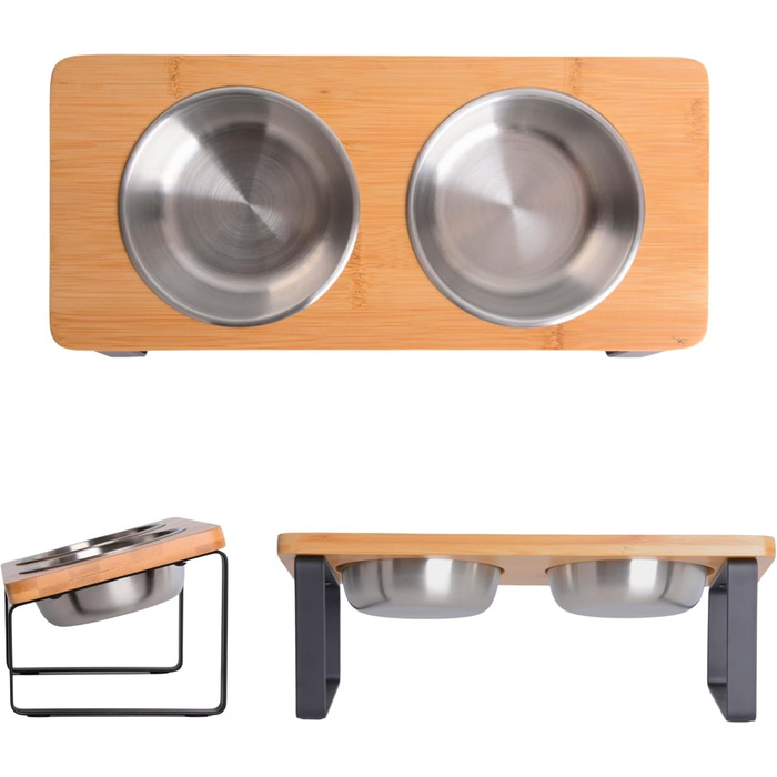 Підвищена годівниця для котів, ергономічна миска для котів, годівниця з кераміки та дерева, піднята годівниця для котів та маленьких собак (бамбук - нержавіюча сталь)