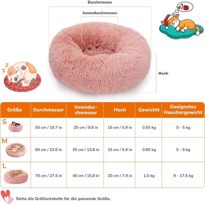 ALLSOPETS Заспокійливе кругле ліжко для собак і котів, м'яке плюшеве, з антиковзною основою, рожеве, 70 см, для малих і середніх порід, пране