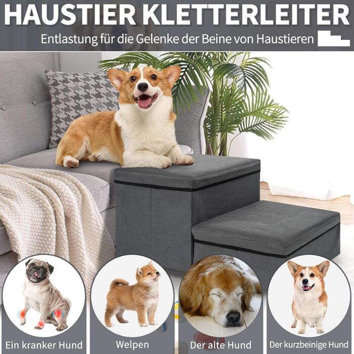 Сходинка для тварин OUUTMEE на 2 сходинки, складана, з місцем для зберігання, сірого кольору. Підходить для собак, котів, літніх тварин. Максимальне навантаження: 30 кг.