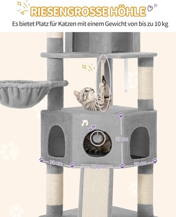 Кігтеточка для котів Hzuaneri, 174 см, XL, 2 платформи, 2 печери, 4 стовпчики, дошка для шліфування кігтів, мотузка з сизалю, плюшеві кульки, сірий колір, для кількох котів MS17418LG