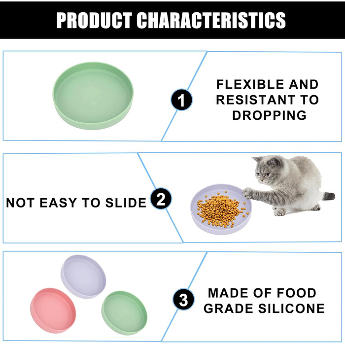 Набір мисок для котів (3 шт.) - зелений, рожевий, фіолетовий, 18 см, силікон, для сухого та вологого корму