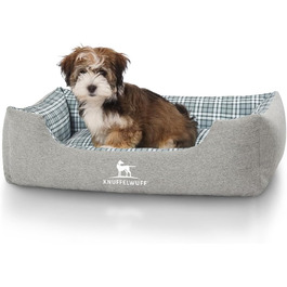 Ліжко для собак Knuffelwuff Lennard з велюру в клітинку, сіро-зелене, M-L, 85 x 63 см. Знімний, пральний чохол. Підходить для собак великих, середніх та маленьких порід.