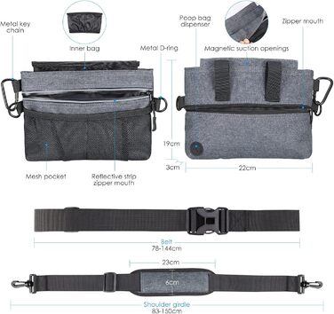 Футляр для ласощів для собак Brifit з магнітною застібкою, практичний мішок для корму для собак, тренування та прогулянки, багатофункціональний мішок для ласощів для собак з винімною внутрішньою кишеню | Диспенсер для відходів сірого кольору