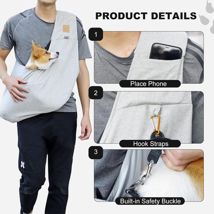 PETCUTE Сумка-переноска для собак та котів до 6 кг, сірого кольору, з відділенням, безпечний ремінь, для прогулянок
