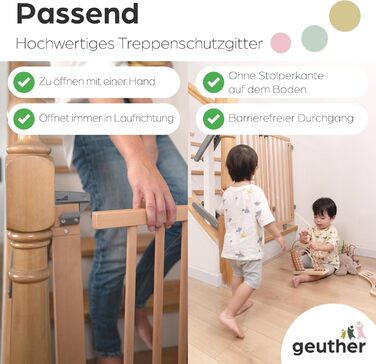 Захист для сходів Geuther Oris | Дверний захист для сходів з кріпленням, ширина 67-95 см | Стабільний захист з розпашною дверцятами | Дерев'яне дитяче гiтер, натуральний лак 67-95 см
