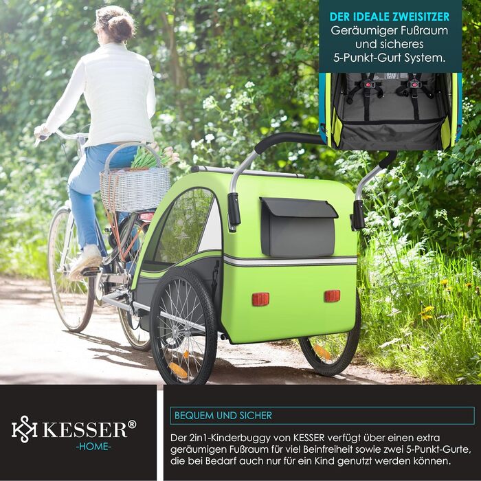 Дитячий велопричіп KESSER Sport-RX 2в1 (візок/велопричіп) для 1-2 дітей, 360° обертання, 5-точкова система кріплення, світловідбивачі, тримач для напоїв та смартфон (світло-зелений)