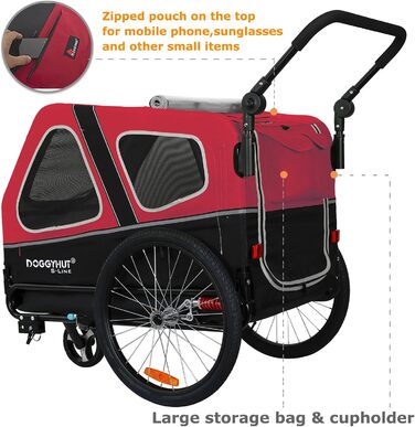 Doggyhut S-Line XL: прогулянка для собак - візок-причеп 2 в 1, до 45 кг, з амортизацією (червоний/чорний)