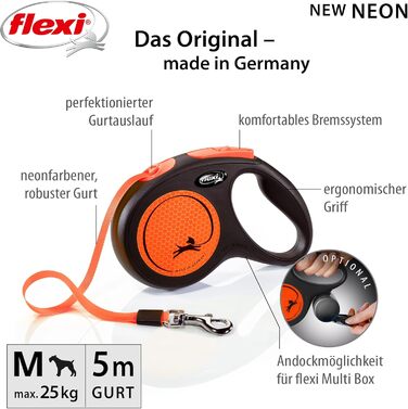 Flexi Neon M рулетка для собак до 25 кг, чорний/неоновий помаранчевий, світловідбиваючі смуги