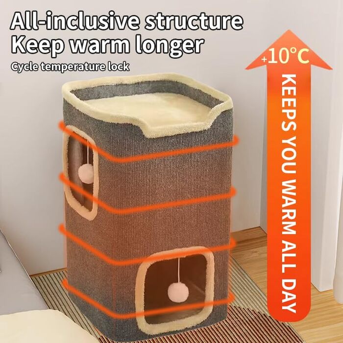 Двоповерховий будиночок для котів UBRAVOO - котяча печера для дому, іграшки-підвіски, прямокутний дизайн