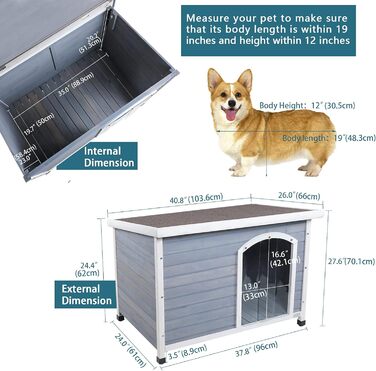 Дерев'яна утеплена будка для собак Petsfit, сіра, зйомний та піднятий підлога, для вулиці