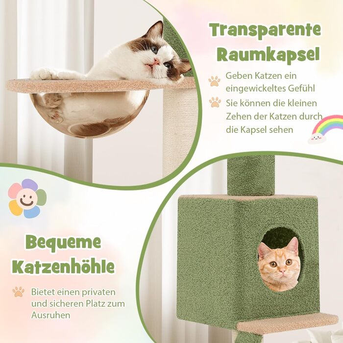 Високий котячий комплекс COSTWAY 218-253 см, дерев'яний, 5-рівневий, з будиночком, капсулою, драпаком, сходами і мотузкою, зелений