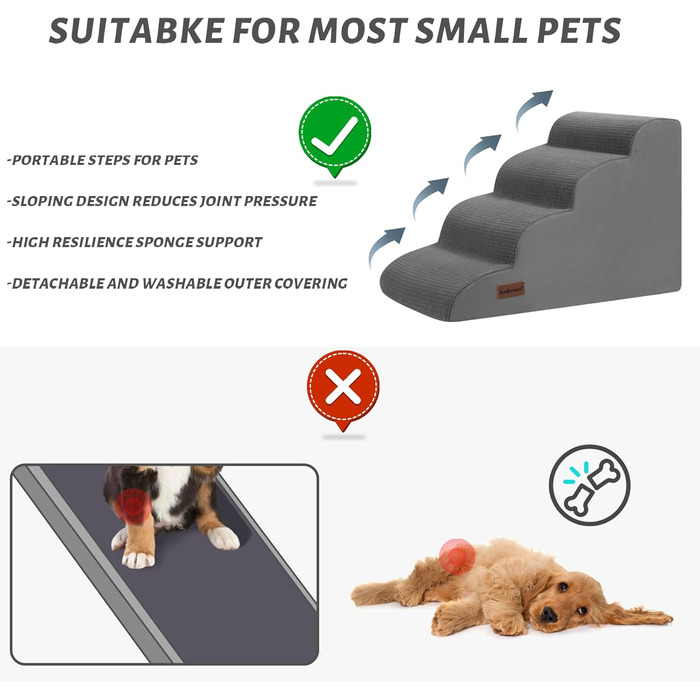 Сходинка для собак та котів на 4 сходинки, сіра, 40 см. Стабільна та з неслизьким покриттям