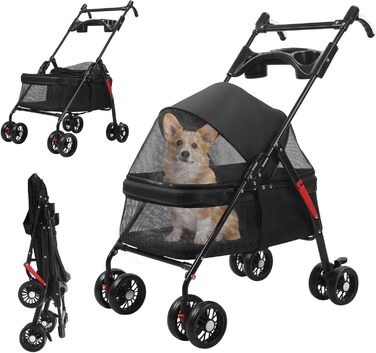 Транспортувальна візок для собак, легкий та складаний, з регульованим козирком, анти-вислизання, гальма та багажник (до 10 кг), чорний