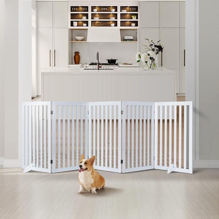 Захисне бар'єр для собак Unipaws: дерев'яне, без свердління, розкладне, для дому, 61 см, білий (5 елементів, 254 x 91 см)