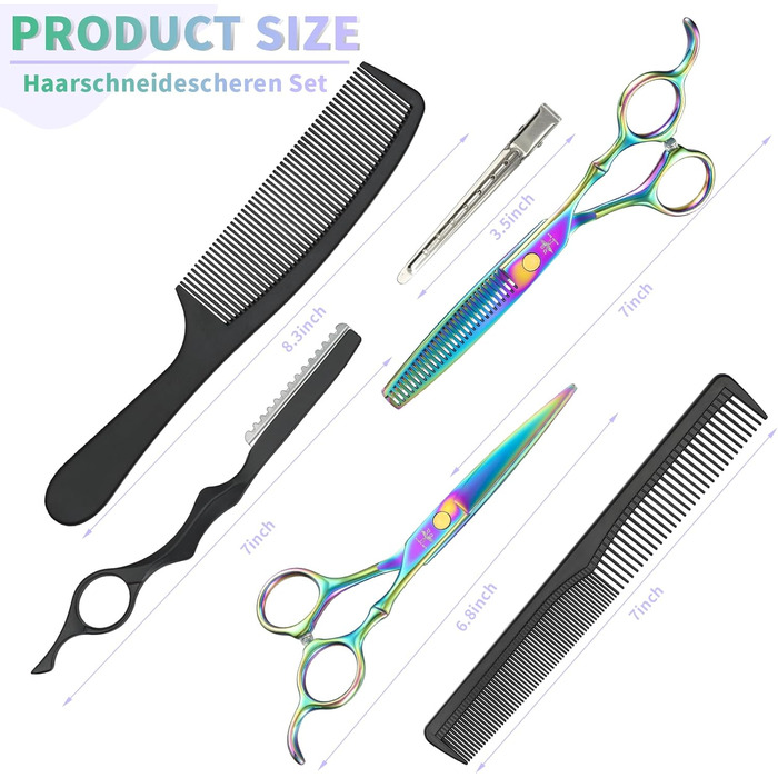 Набір професійних перукарських ножиць PURPLEBIRD (10 шт.) з нержавіючої сталі: перукарські ножиці та ножиці для витончення. Ідеально для барберів, перукарів та початківців. Кольори: райдужні.