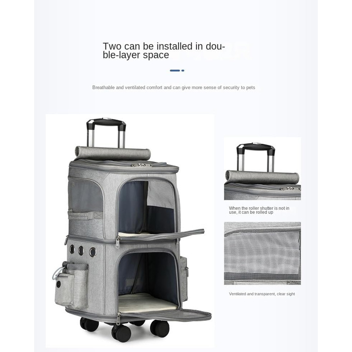 Рюкзак-переноска для кота та собаки з двома відділеннями та знімними колесами (сірий)