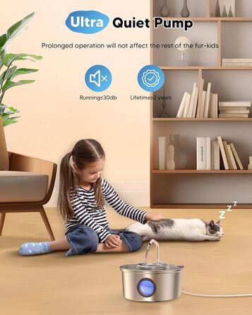 Автоматичний фонтан для котів Kittyspout 3.2L з нержавіючої сталі, прозоре вікно, знімна чаша, тиха помпа, 5-шарова фільтрація