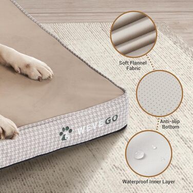 Ортопедичне ліжко для собак великих порід, 8,9 см гелевий пінопласт з пам'яті, міцний фланелевий матеріал, знімний чохол та водонепроникний наповнювач, антиковзаюче покриття (119 x 74 x 9 см, Бежевий)