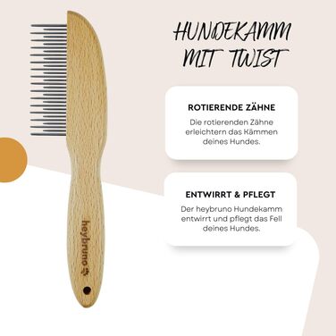 Гребінець для собак HeyBruno з обертовими металевими зубцями, для довгошерстих та великих собак, з дерева