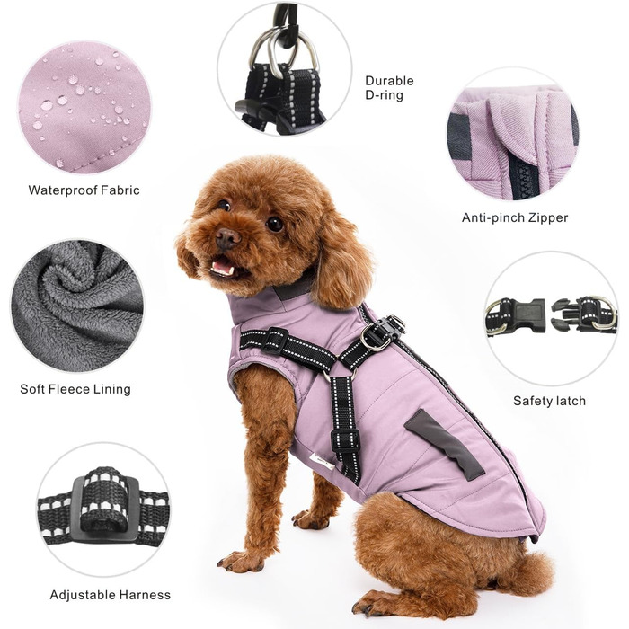 Зимові куртки для собак, теплі водонепроникні накидки для цуценят та собак середніх розмірів, з шлейкою, фіолетовий