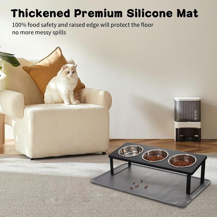 Підвищена годівниця для котів з килимком, нахилена під кутом 15°, миска для їжі та води, що запобігає блювоті, 2 шт. з нержавіючої сталі для котів та цуценят (Сірий) Сірий-2 миски (Чорний-3 миски)