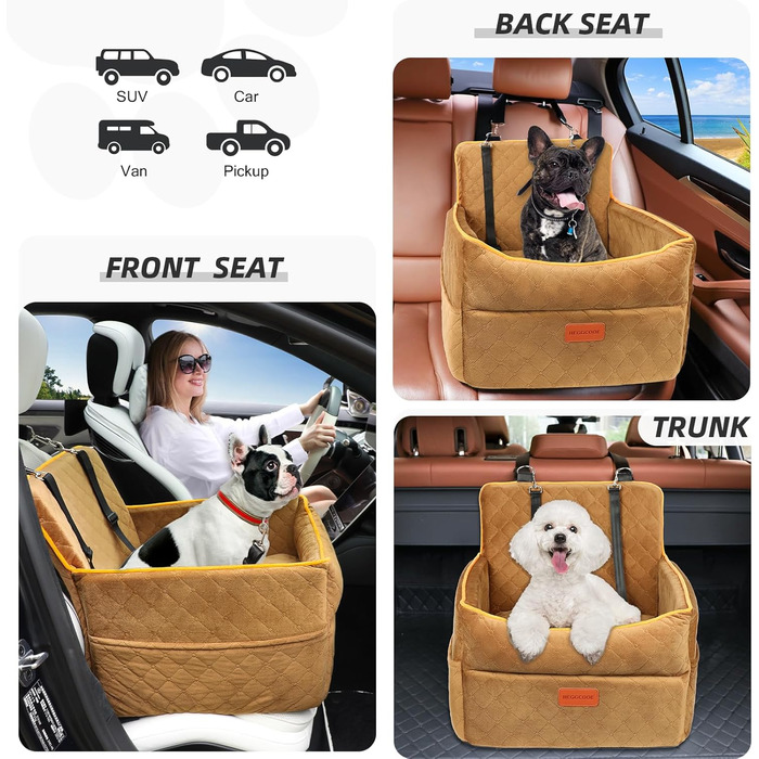 Автокрісло для собак маленьких та середніх порід, з кишенями для зберігання, поводок, з товстим наповнювачем. Колір: коричневий