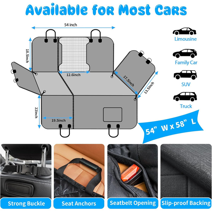 Захист для сидіння автомобіля URPOWER 6-в-1 для собак, водовідштовхувальний, з сіткою та бічною застібкою, чорний A