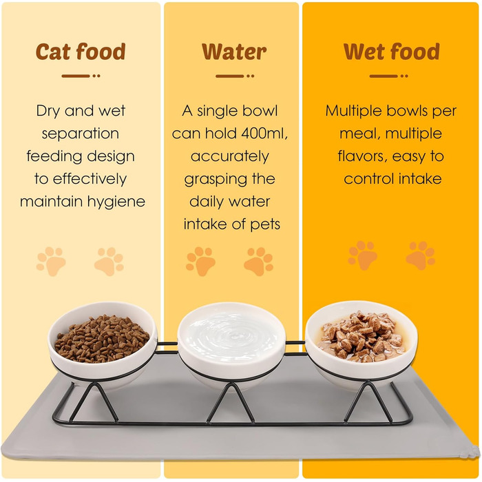 Набір мисок для котів Vikcvcs (3 шт.) з підставкою, кераміка, силікон, 15° нахил, ергономічні, для котів та маленьких собак