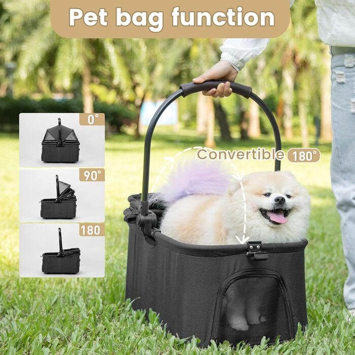 Візок для собак 2-в-1 знімний кошик, складний візок для цуценят для собак і котів, 4 колеса з кишенькою, візок для домашніх тварин з поворотними передніми колесами на 360° для подорожей на відкритому повітрі (Чорний)