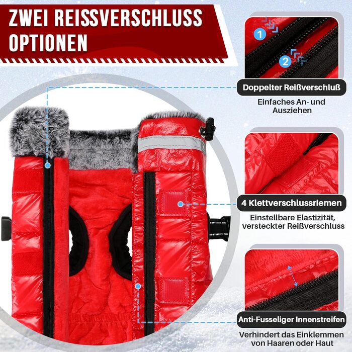 Водонепроникний собачий плащ з шлейкою, флісова комір-стійка, тепла зимова куртка для собак з подвійним блискавкою, куртка для собак з відбиваючими елементами, червоний, розмір S