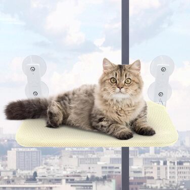 Крісло-гамак для котів Gearific на вікно, розкладне, з 4 присосками, міцним каркасом та дихаючою сіткою (Бежевий, 45 x 30 см)