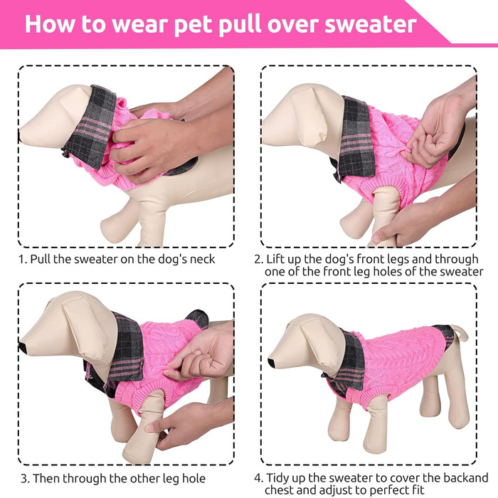 Теплий собачий светр CITE TOILE з візерунком у клітинку, комір-стійка та отворами для повідка – зимовий одяг для собак маленьких, середніх та великих порід, котячий светр на Різдво, Рожевий, XL