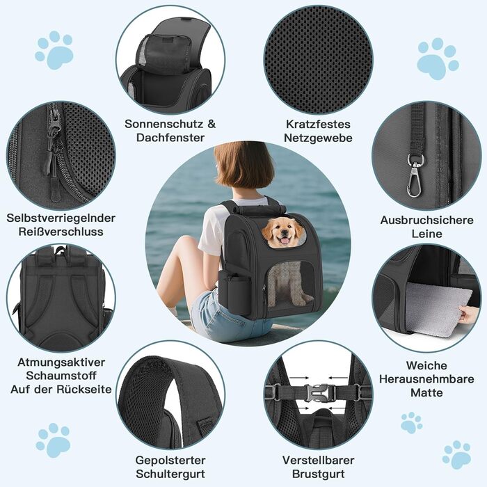 Рюкзак для тварин до 10 кг з сіткою, чорний: зручний та дихаючий для собак та котів