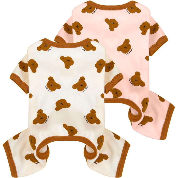 Піжама для собак AXIIJGL, бавовна, еластична, цільнокроєна, зручна, для маленьких собак, милий ведмедик, принт, для французького бульдога (Large, довжина спини 27 см), рожево-біла