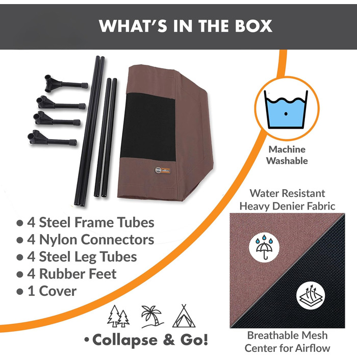 Охолоджуюче собаче ліжко K&H Pet Products з піднятим бортиком для відпочинку на вулиці, з дихаючої сітки, з протиковзкими гумовими ніжками, портативне, шоколад/чорний колір, розмір L (81x81x18 см)