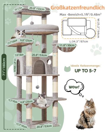 Когтеточка для котів Taoqimiao 180 см XXL, великий котячий комплекс для Maine Coon з будиночком, гамаком, платформами та 9 стійками (світло-сірий)