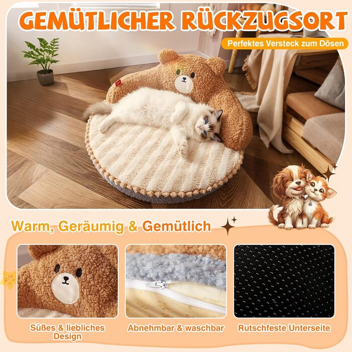 ALLSOPETS Крісло-лежанка для котів, пухнасте, тепле, кругле, для дому, знімний, пральний, для котів, кошенят та маленьких собак (Мокко Браун)