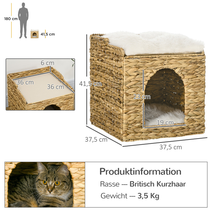 PawHut Ротанг Cat Cave 2-х ярусна подушка вода гіацинт коричневий до 5кг | Аосом
