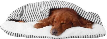 Спальник для собак з дахом, затишне ліжко-будиночок для собак, теплий зимовий плюшевий будиночок з капюшоном, ліжко для котів зі знімним дахом, диванчик для маленьких та середніх собак (50x40x18 см, смужка)