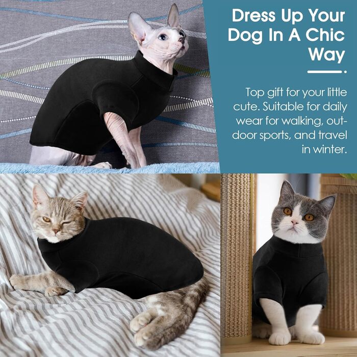 Пуловер з коміром-стійкою для котів AOFITEE, м'який пуловер для котів Sphynx без шерсті, теплий котячий пуловер з рукавами, флісовий зимовий піжамний костюм, для кошенят, S (середній, чорний)