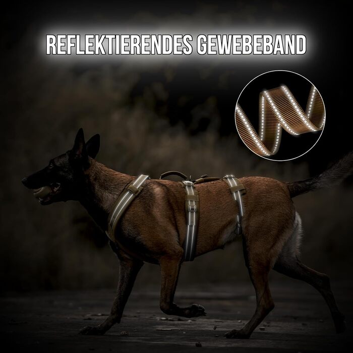OneTigris HOUNDLOCK Тактичне шлейка для собак, надійна, регульована, з м'якою підкладкою, з ручкою, 2D-кільцями та світловідбиваючими елементами (M, L:27-41кг, обхват шиї 45-63см, обхват грудей 68-91см), Колір: Коричневий