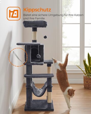 Дім-кіготник для котів Feandrea, 143 см, з 4 стовпчиками для шліфування, 2 платформами, гамаком, печерею, сірий, PCT161G01 L (55 x 45 x 143 см)