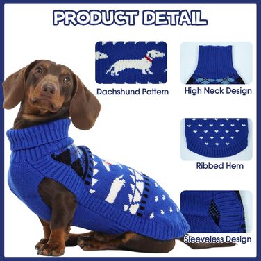 Пуловер для собак Дачхунд, теплий зимовий пуловер з візерунком, м'який трикотажний пуловер з коміром-стійкою, синій, розмір L