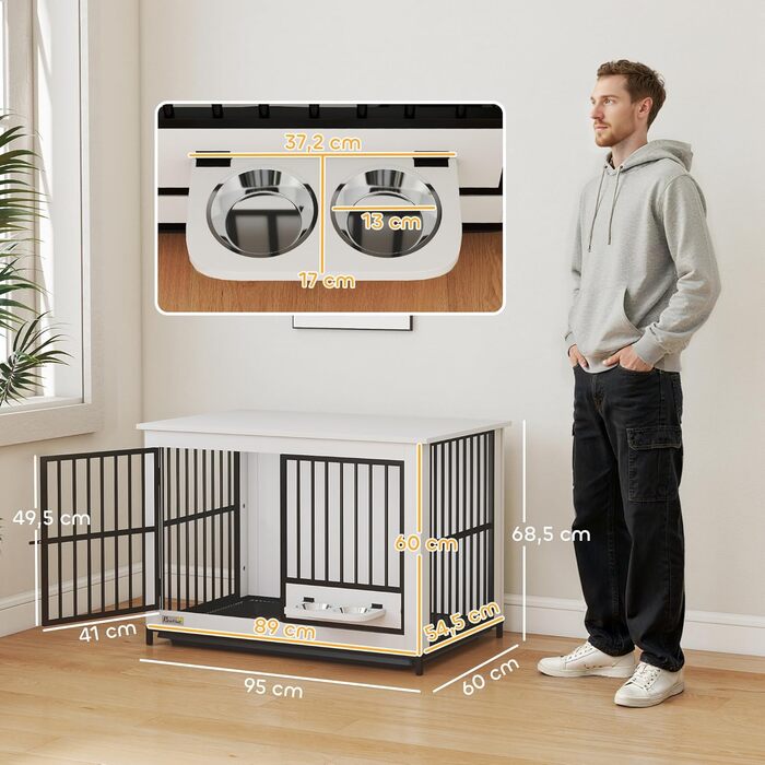 Кія для собак PawHut - переносна будка для собак, біла, 95 x 60 x 68,5 см, з поворотними мисками