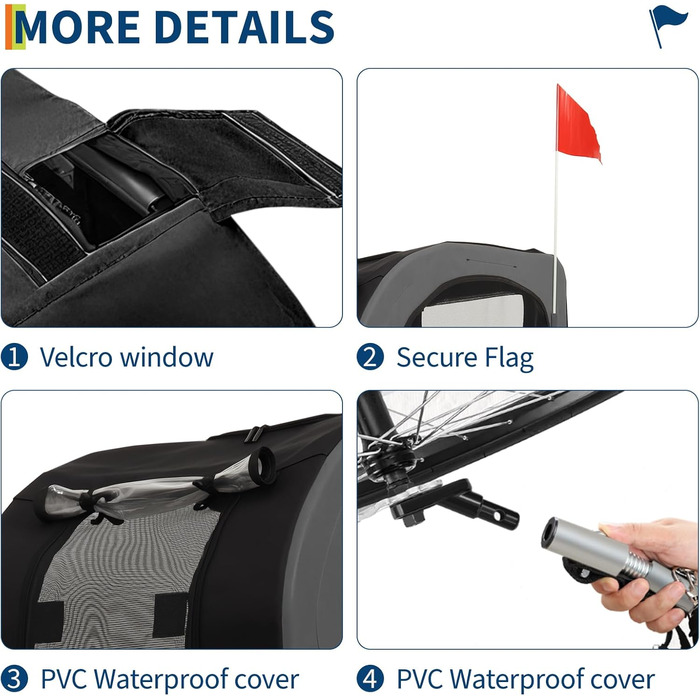 Причіп-коляска для собак до 40 кг та інших дрібних тварин - 88 lbs, сталевий каркас, колеса 16 дюймів, знімний вкладиш, для активного відпочинку (сірий)