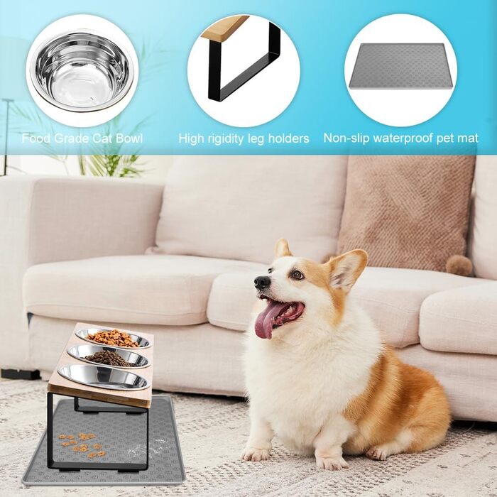 Підвищені годівниці для котів 3 шт. з нержавіючої сталі, 15° нахил, з підставкою з силікону та металевим кріпленням. Миска для корму та води для котів та маленьких собак