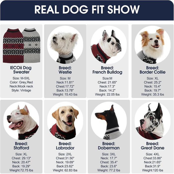 Пуловер для собак IECOii Doggen, великих порід, теплий трикотажний, червоний, розмір 4XL (90 см)